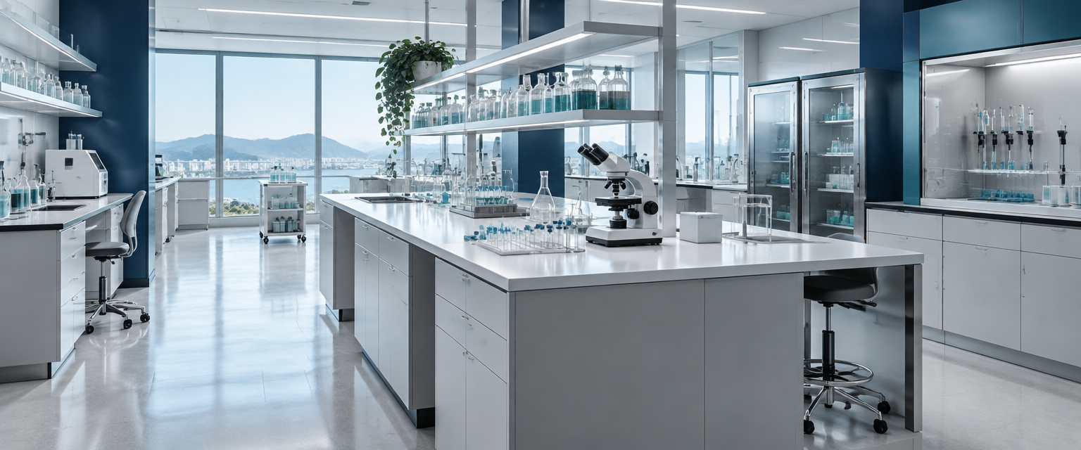 Laboratório moderno, organizado e sem pessoas, com superfícies claras e acentos em azul-marinho e teal