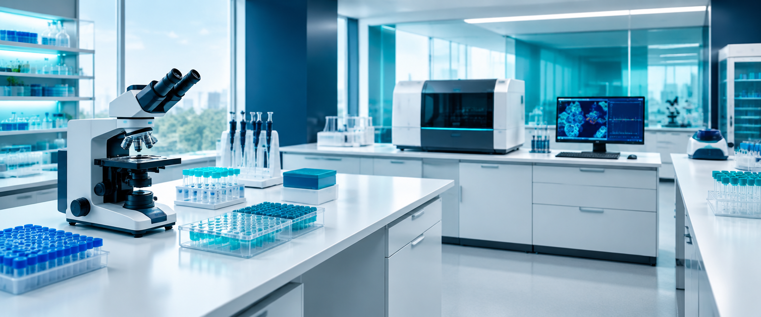 Laboratório de pesquisa oncológica com microscópio e amostras, clean, sem pessoas, em tons azul-marinho e teal