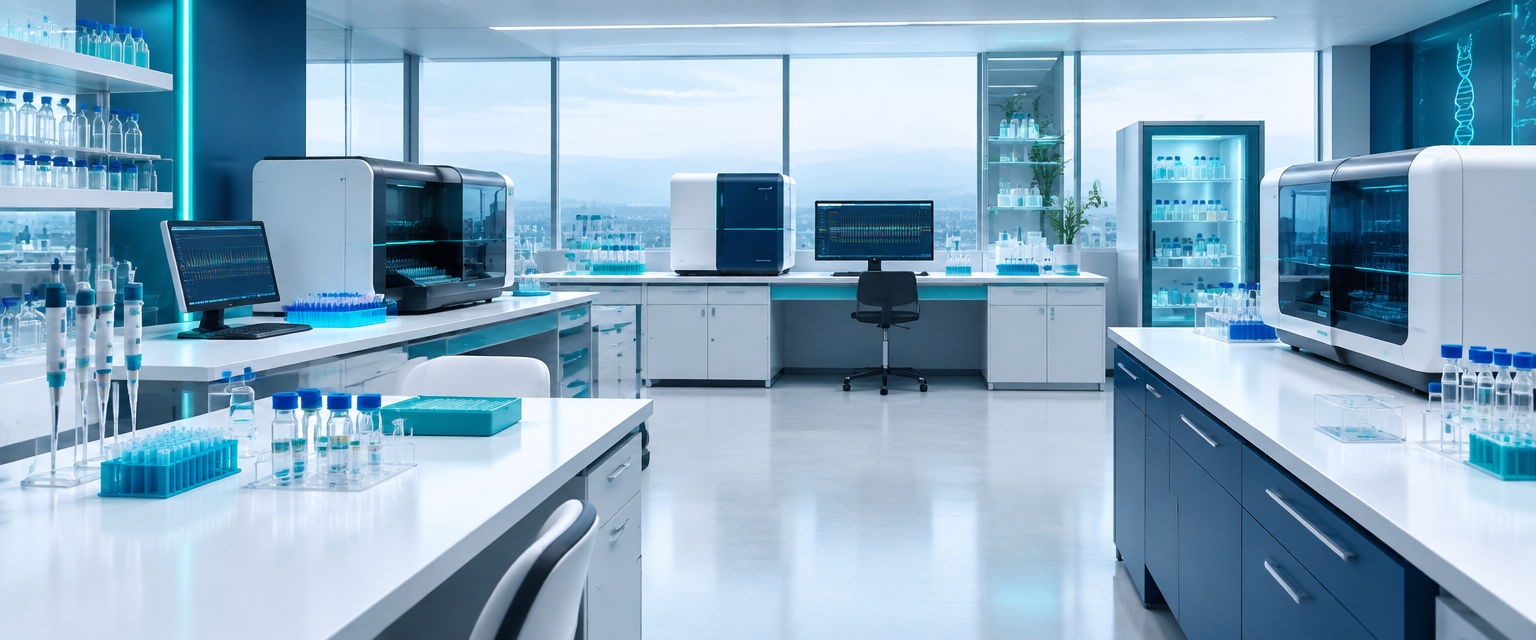 Laboratório de genética moderno e clean, sem pessoas, com bancadas claras e acentos em azul-marinho e teal