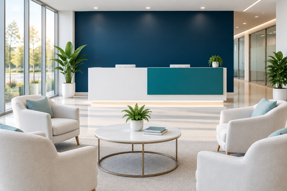 Recepção farmacêutica moderna e acolhedora, com parede azul-marinho, painel em teal e superfícies claras, sem pessoas